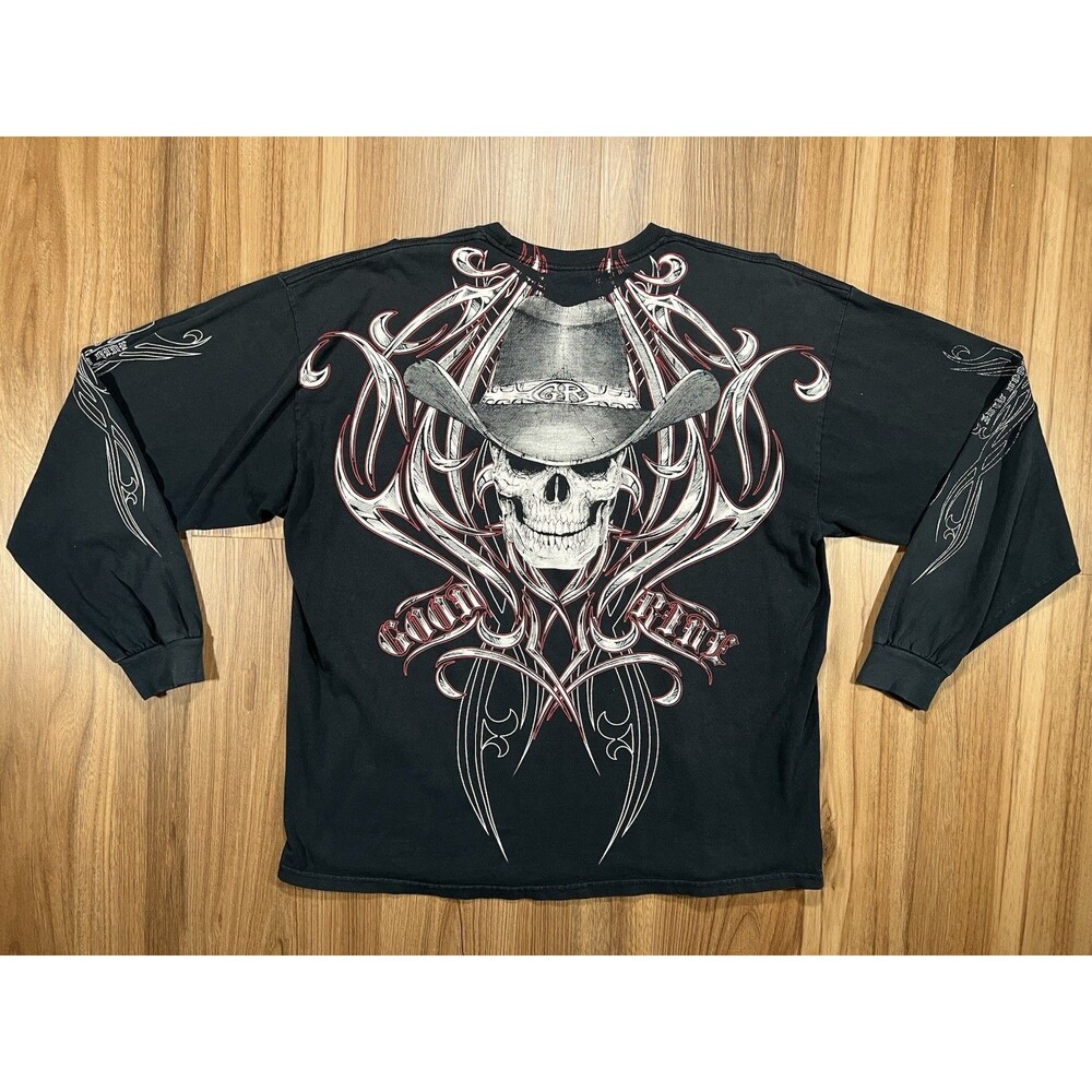 Good Ride Motorcycle Long Sleeve Skull Tribal T-Shirt Black Men’s 2XL